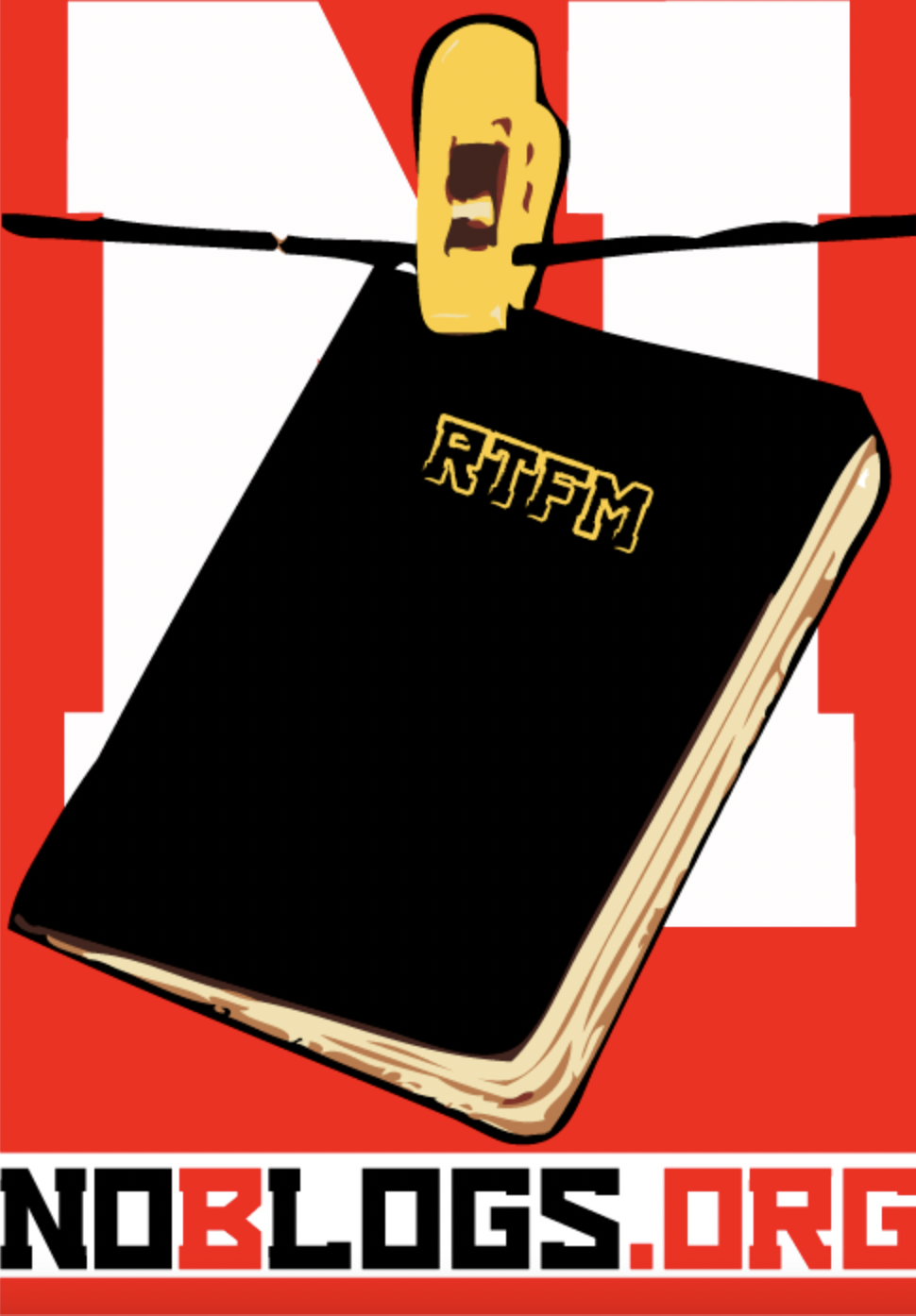 a book hanging on a clothes line, with RTFM written on the front. Behind is a large letter N on a red background. Beneth the text says noblogs.org