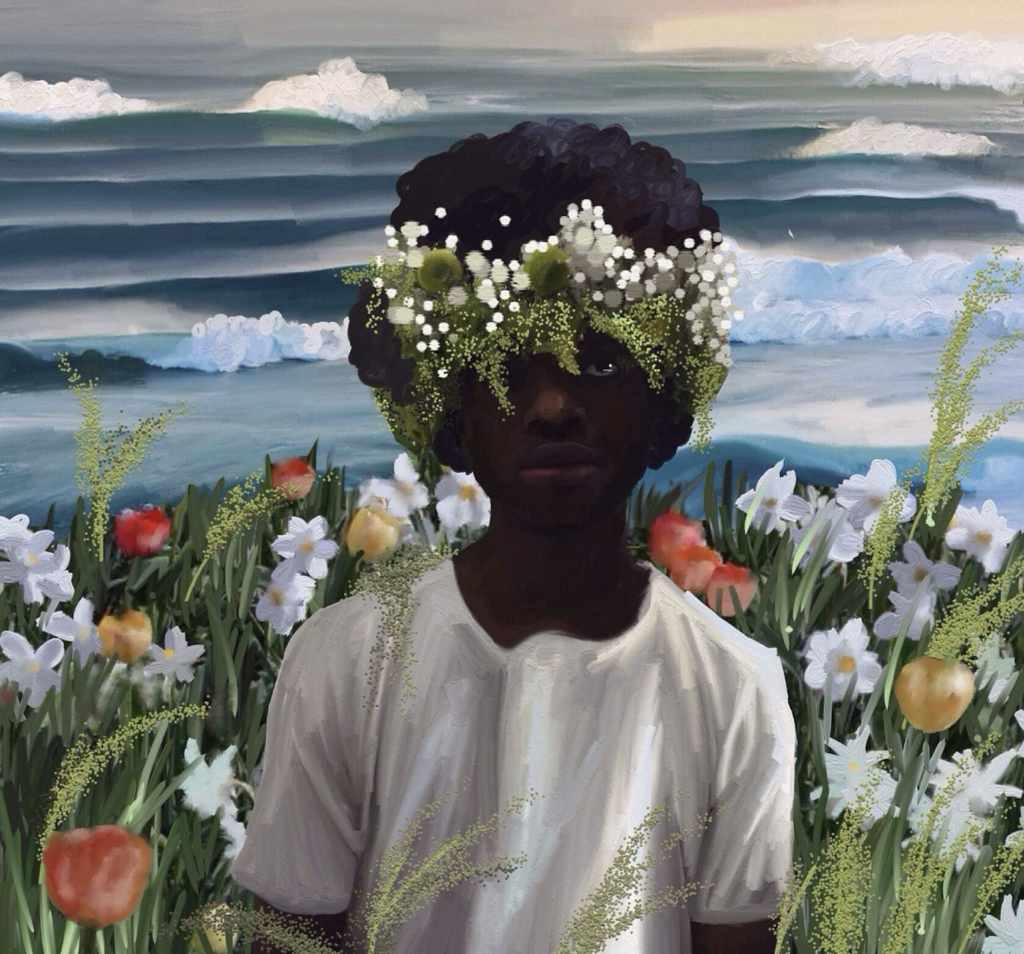cover of Jericho Brown's "The Tradition": a young Black boy stands amidst a filed of flowers wearing a white shirt and a crown of flowers. Behind him the see stretches out toward a pale pink sky. The boy's expression is sorrowful.