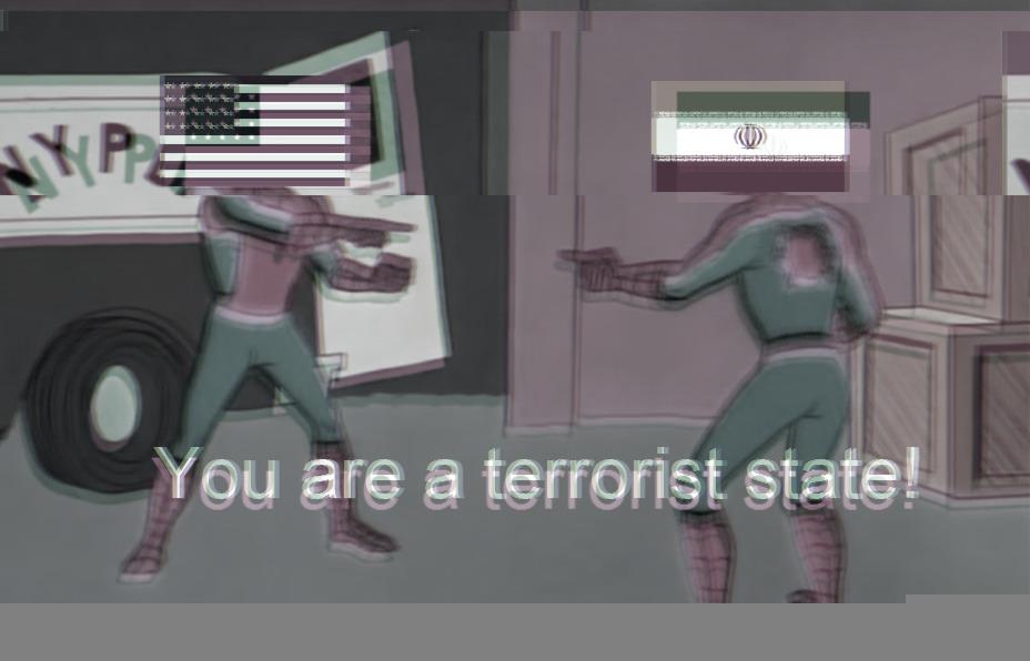 visually distorted and desaturated meme of two Spider-Mans pointing and accusing each other of being terrorist states. One has the US flag, one has the Iran flag.